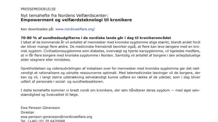 Nyt temahefte fra Nordens Välfärdscenter:Empowerment og velfærdsteknologi til kronikere