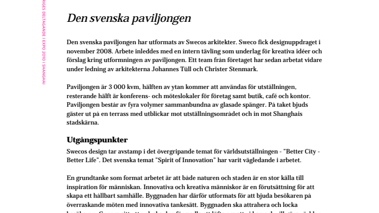 Faktablad: Sveriges paviljong på Expo 2010
