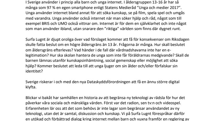 Surfa Lugnts remissvar om åldersgräns i nya dataskyddsförordningen