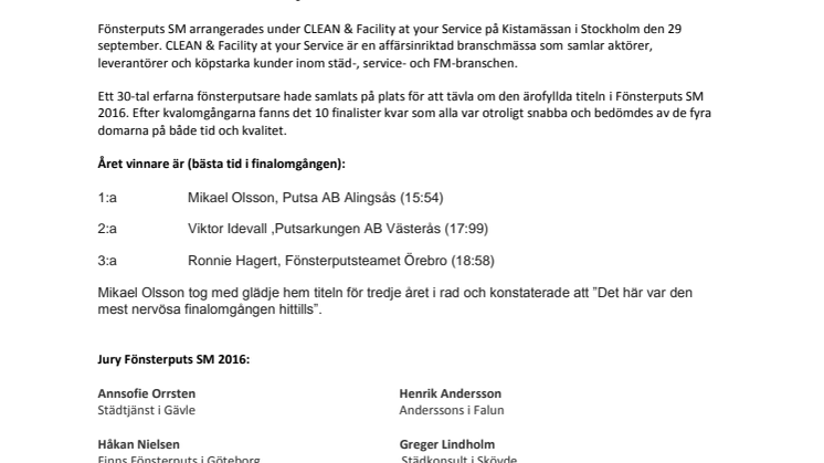 Vinnaren i fönsterputs SM 2016