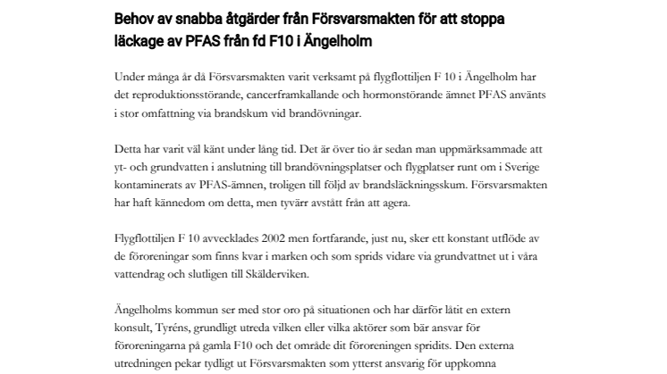 Brev: Behov av snabba åtgärder från Försvarsmakten för att stoppa läckage av PFAS från fd F10 i Ängelholm