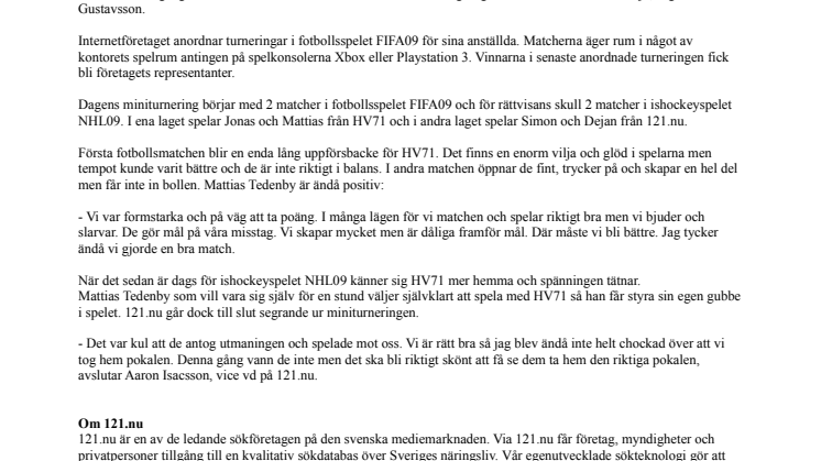 HV71 antog 121.nu´s utmaning i TV-spelsmatch
