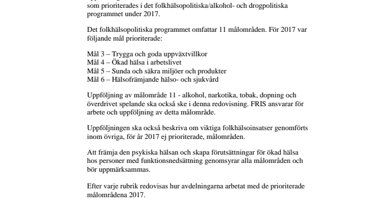 Folkhälsopolitiska programmet 2017 och mål 2018 - uppföljning