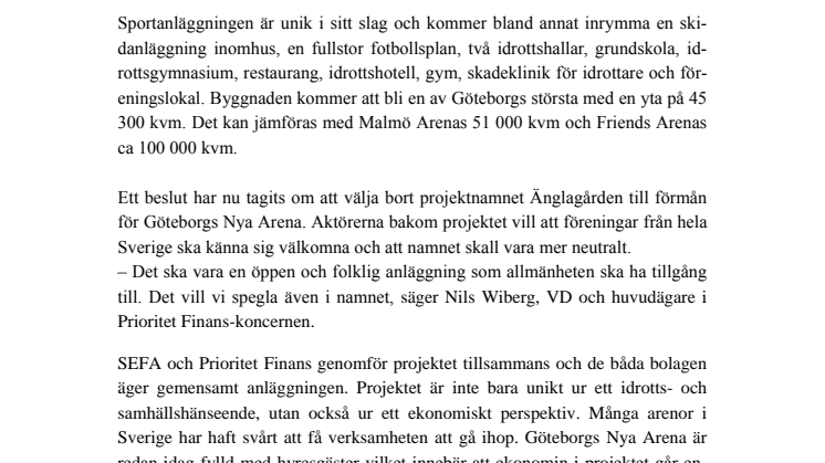 Nordens största multisportanläggning döps till Göteborgs Nya Arena 