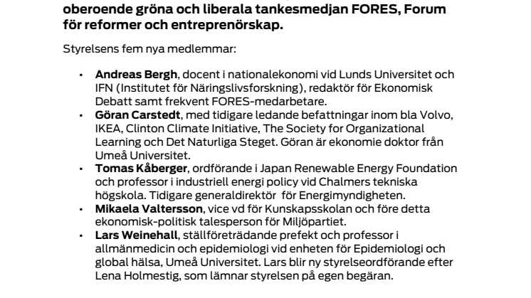 Weinehall, Valtersson, Kåberger, Carstedt och Bergh i FORES styrelse