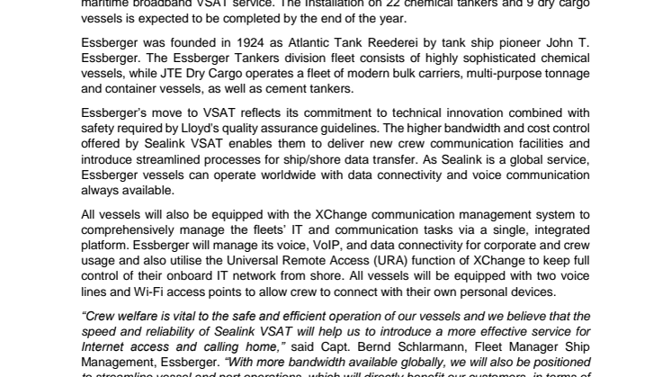Marlink: Essberger Moves its Entire Fleet to Marlink's Sealink VSAT Services