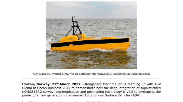Kongsberg Maritime: Live-Stream Survey Data Set to Show How Integration can Optimise ASV Operations at Ocean Business 2017