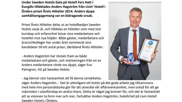 Anders Hagström, Livin’ Hotell i Örebro, utsedd till Årets Hôtelier!
