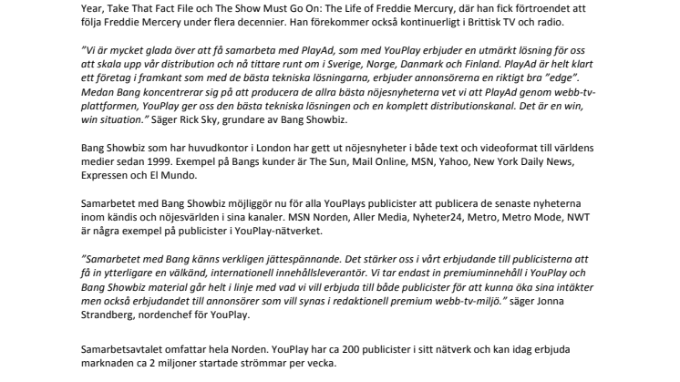 Bang Showbiz och PlayAd Media Group (PMG) i stort nordiskt innehållssamarbete.