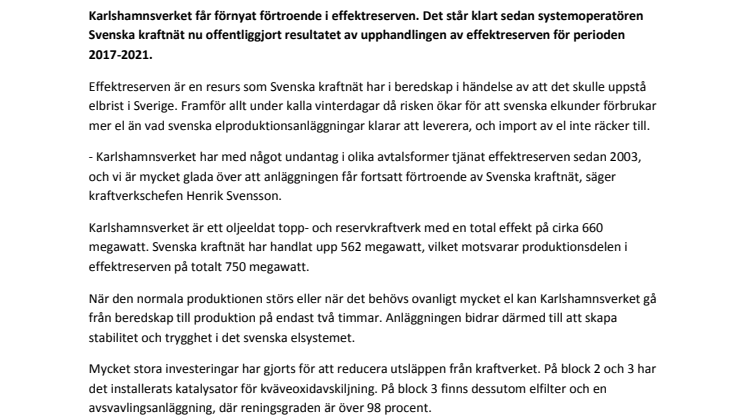 Karlshamnsverket får förnyat förtroende i Effektreserven