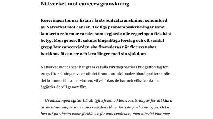 Granskning av cancervården i riksdagspartiernas budgetar för 2017
