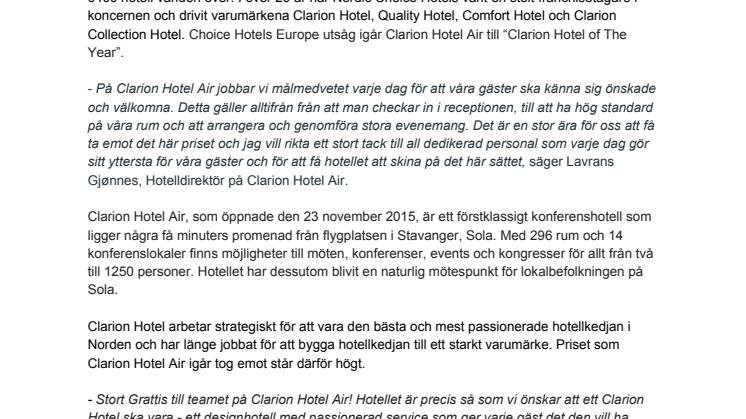 Clarion Hotel® Air utsett till Europas bästa Clarion Hotel!