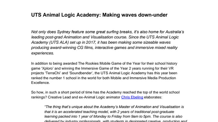 UTS Animal Logic Academy: Making waves down-under