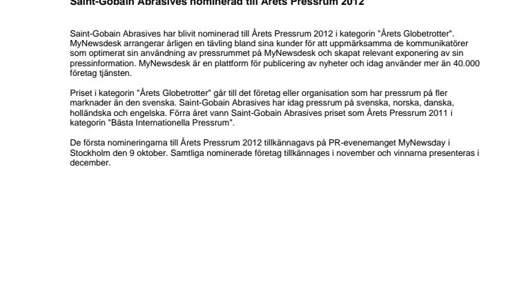 Saint-Gobain Abrasives nominerad till Årets Pressrum 2012