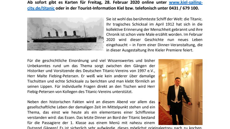 ACHTUNG: Zusatztermin Titanic Dinner am 28. Februar 2020 wegen großer Nachfrage