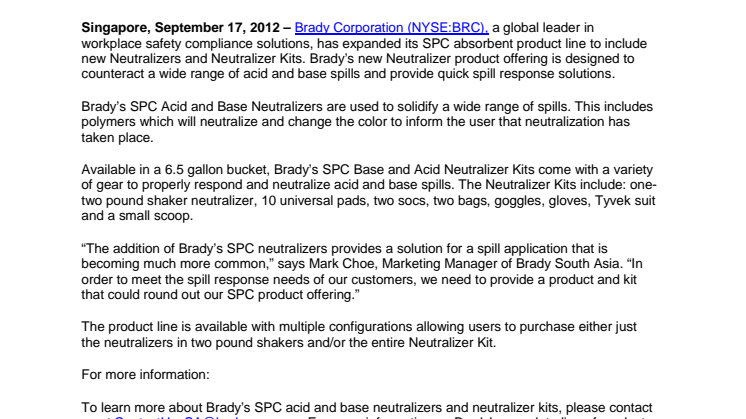 Expansion of Brady SPC absorbent range to include  new neutralizers and neutralizers kits
