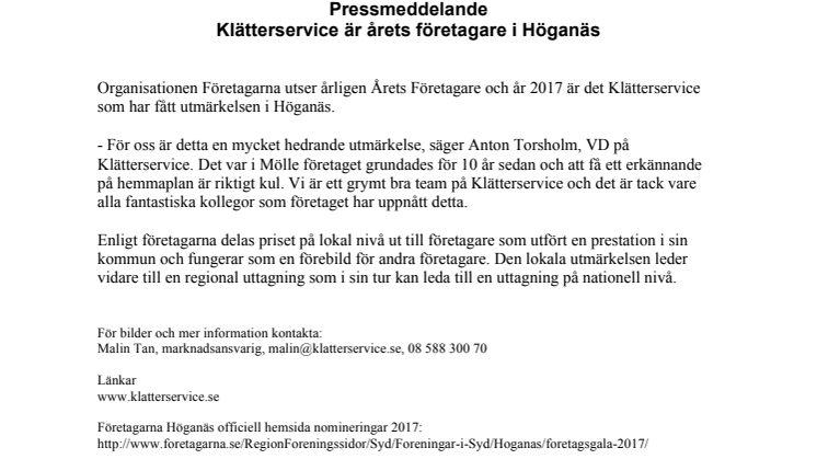 Klätterservice är årets företagare i Höganäs