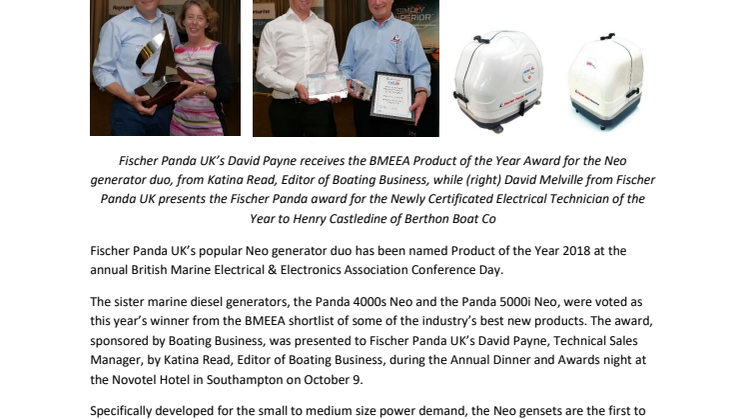 Fischer Panda UK’s Neo Generator Duo Voted BMEEA Product of the Year