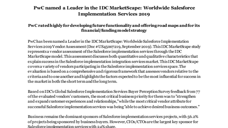 PwC named a Leader in the IDC MarketScape: Worldwide Salesforce Implementation Services 2019