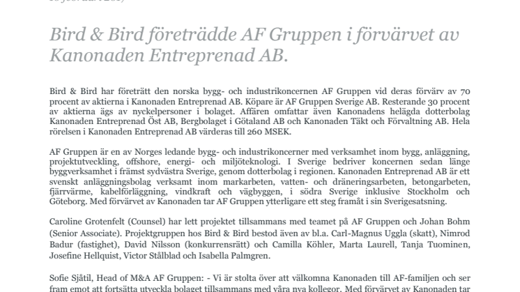 Bird & Bird företrädde AF Gruppen i förvärvet av Kanonaden Entreprenad AB