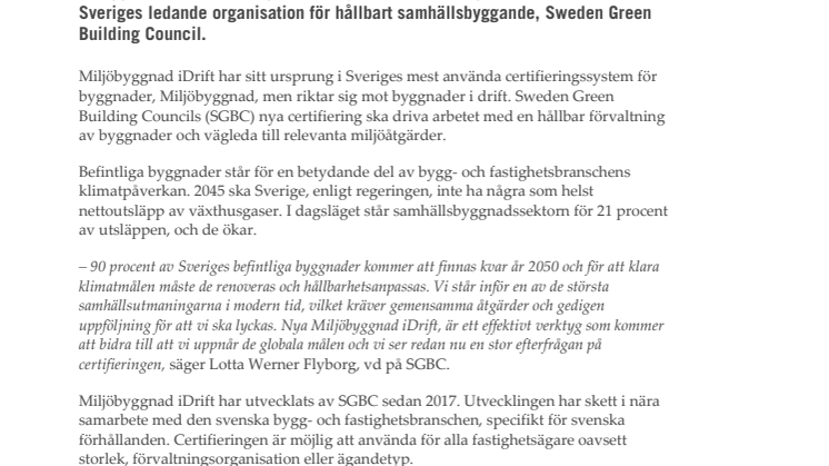 Sweden Green Building Council lanserar certifiering för byggnader i drift