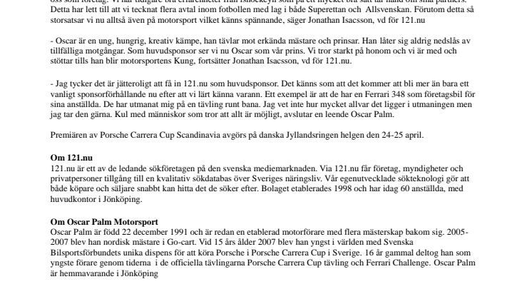 Oscar Palm Motorsport klar med ny huvudsponsor
