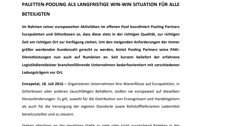EFFIZIENTES LADUNGSTRÄGERMANAGEMENT: POOLING PARTNERS WEITET PAKI-SERVICES NACH RUMÄNIEN AUS