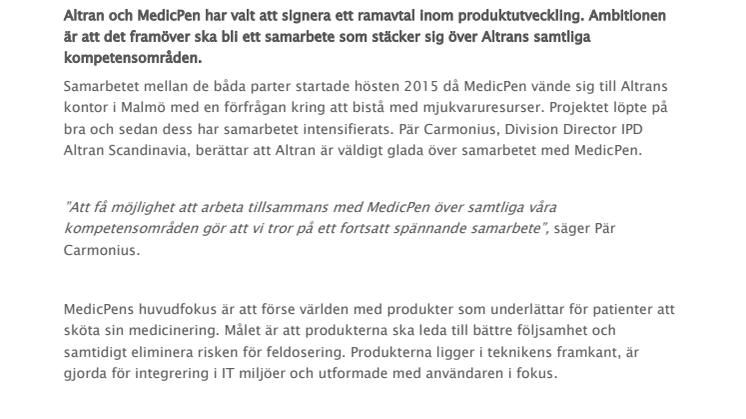Altran och MedicPen har signerat ramavtal inom produktutveckling