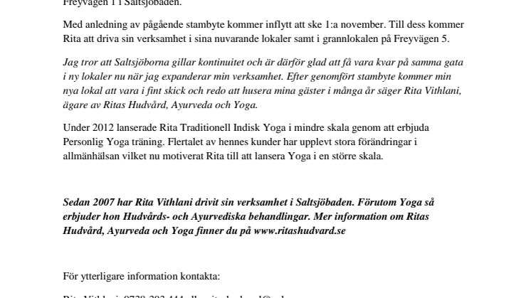 Ritas Hudvård, Ayurveda & Yoga flyttar till nya lokaler i Saltsjöbaden