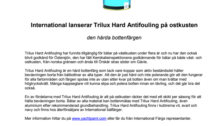 International lanserar Trilux Hard Antifouling på ostkusten - den hårda bottenfärgen