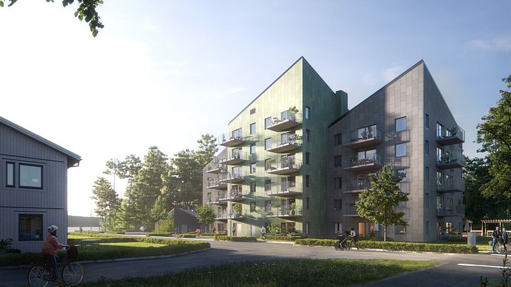 30 attraktiva bostadsrätter byggs i Sjöåkra vid Vätterns strand. Illustration: Enter Arkitektur AB