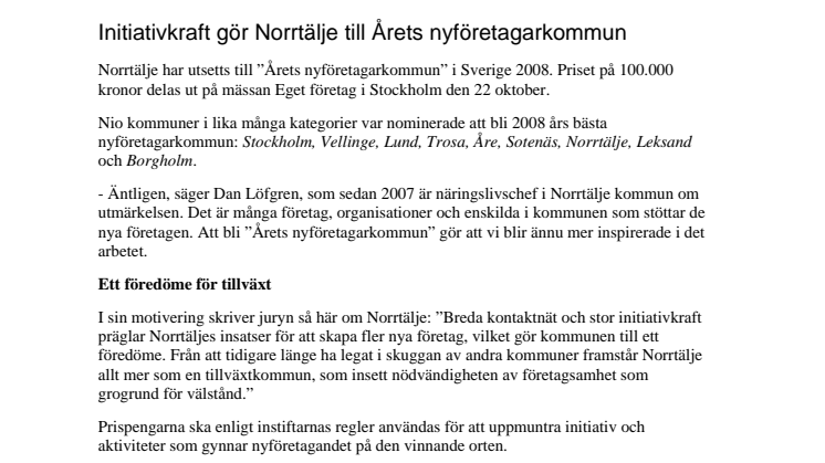 Initiativkraft gör Norrtälje till Årets nyföretagarkommun