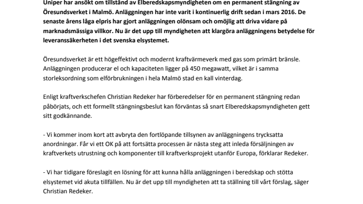 Uniper ansöker om tillstånd för permanent stängning av Öresundsverket i Malmö