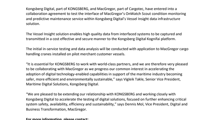 Kongsberg Digital and MacGregor collaborate to verify the operational benefits of a high quality, standardised and secure digital service solution