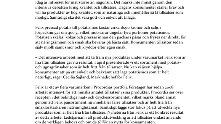 Felix lanserar potatismos helt utan tillsatser