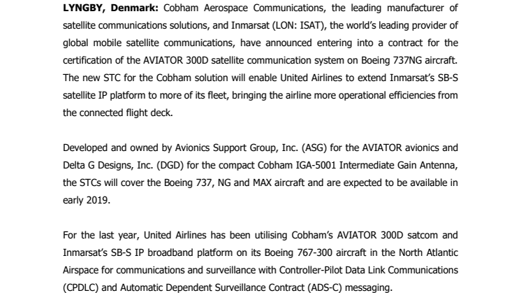 Cobham and Inmarsat solution extended to United Airlines’ Boeing 737NG