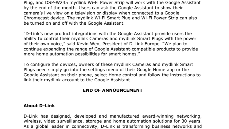 D-Link Expands Range of Google Assistant-Compatible Products