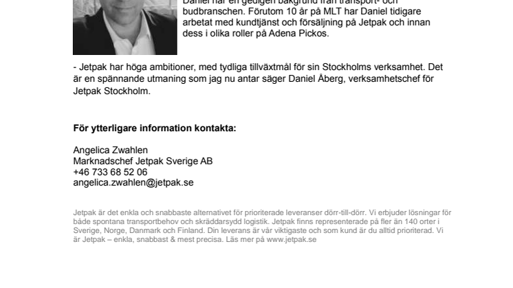 Daniel Åberg ny verksamhetschef för Jetpak Stockholm 