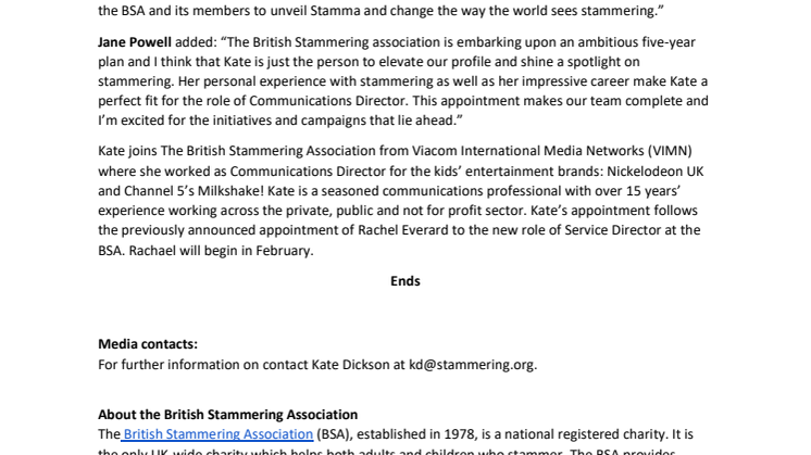 British Stammering Association Appoint Kate Dickson as Communications Director 