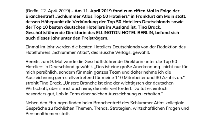 Tina Brack erneut als "Top 50 Hotelier“ ausgezeichnet 