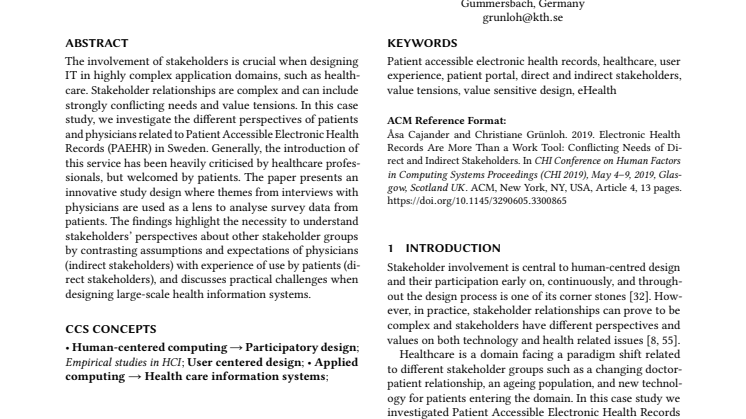 Electronic Health Records Are More Than a Work Tool: Conflicting Needs of Direct and Indirect Stakeholders