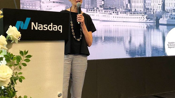 Tillväxtverkets generaldirektör Gunilla Nordlöf höll ett anförande när de tio startupbolagen  deltog i en konferens på teknikbörsen Nasdaq under Startup-Swedens acceleratorprogram på Innovate46 i New York, USA.
