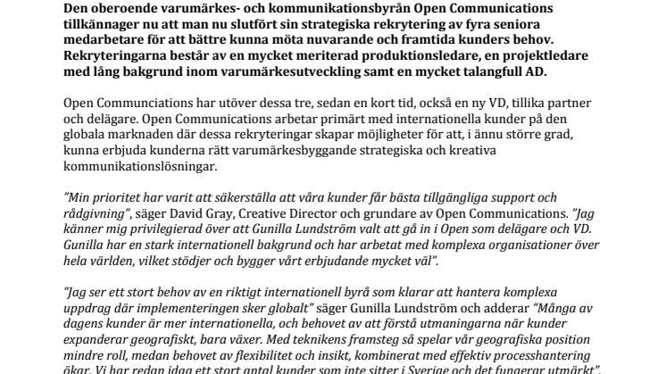 Open Communications vässar byrån med nya seniora medarbetare	