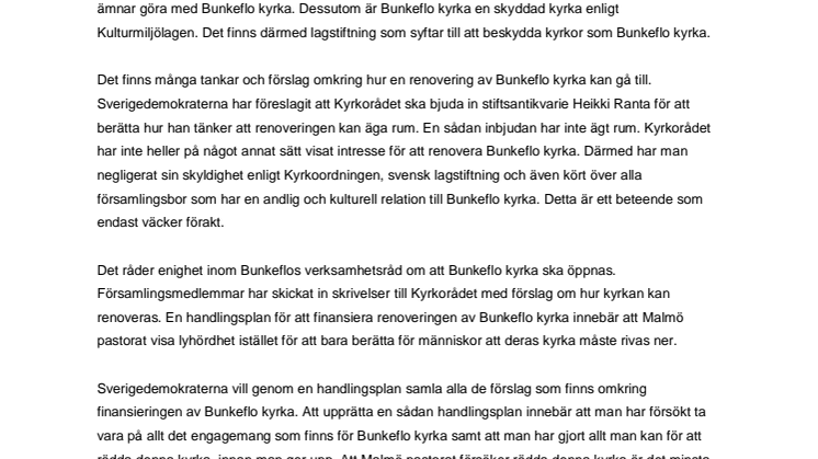 Kyrkofullmäktige säger nej  till en handlingsplan för att renovera Bunkeflo kyrka