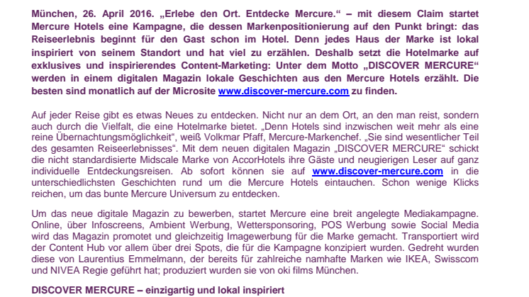 Erlebe den Ort. Entdecke Mercure. Hotelmarke startet Mediakampagne samt digitalem Kundenmagazin