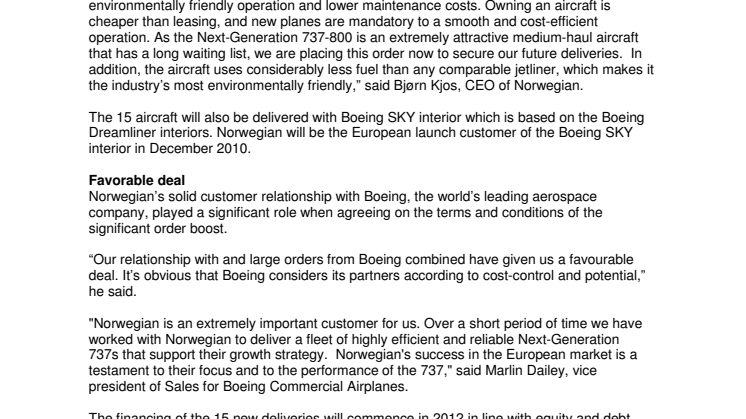 Norwegian buys an additional 15 aircraft from Boeing