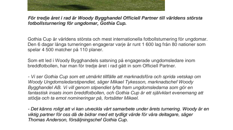 Woody Bygghandel officiell partner till Gothia Cup