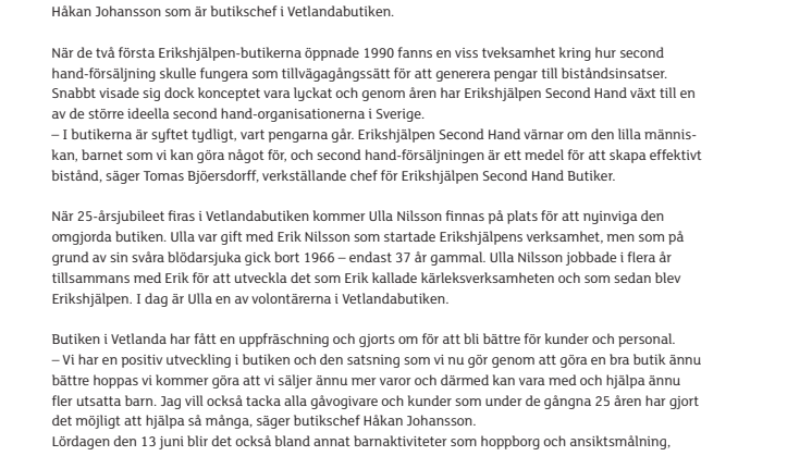 Erikshjälpen Second Hand i Vetlanda firar 25-årsjubileum