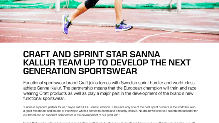 CRAFT AND SPRINT STAR SANNA KALLUR TEAM UP TO DEVELOP THE NEXT GENERATION SPORTSWEAR