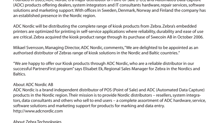 ADC Nordic appointed to distribute Zebras kiosk printers